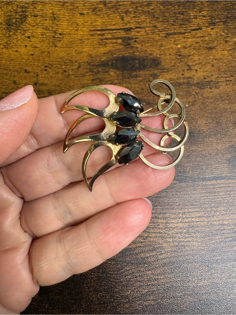Vintage Gold-Tone Brooch with Black Marquise Stones